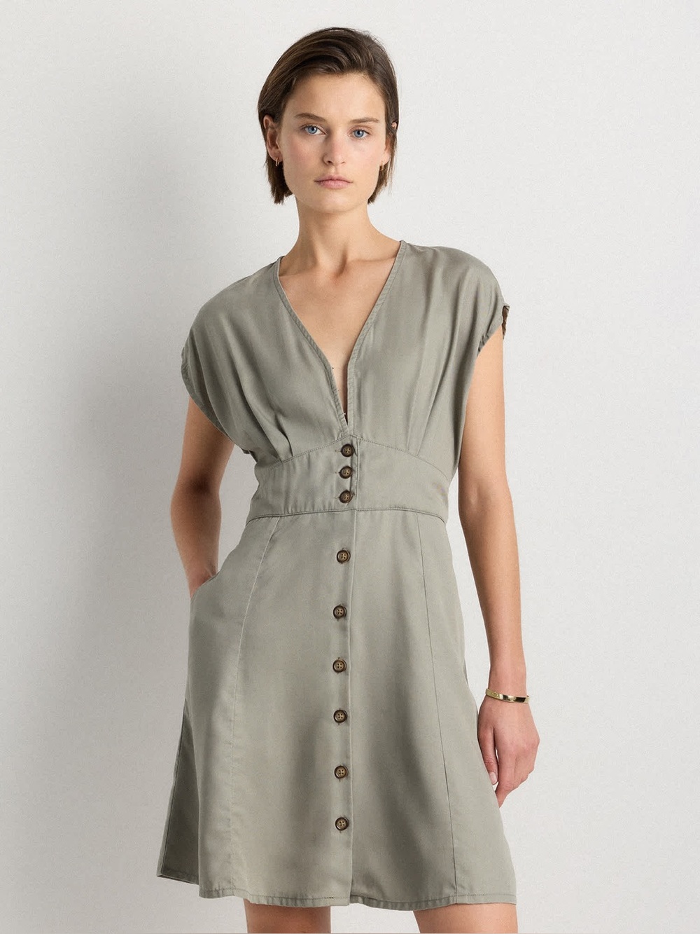 Quince Button Front Dress Size S Olive‎ Capsule Summer Tencel